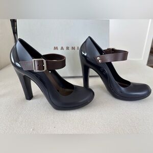 MARNI Mary-Jane rubber jelly heels pumps navy brown leather  37 7 6.5